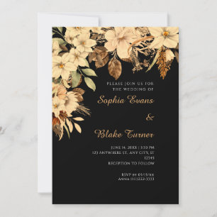 Convites Casamento Preto Floral Amarelo Boho Outono