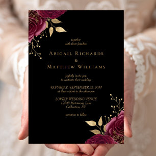 Convites Casamento Preto Floral Borgonha Romântico Dourado