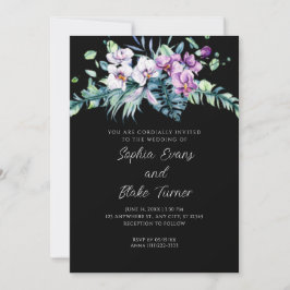 Convites Casamento Preto Floral Branco e Roxo Elegante