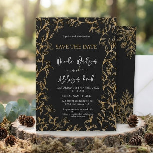Convites Casamento Preto Floral com Revestimento Dourado