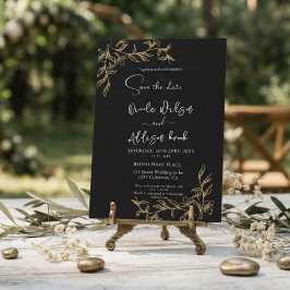 Convites Casamento Preto Floral com Revestimento Dourado