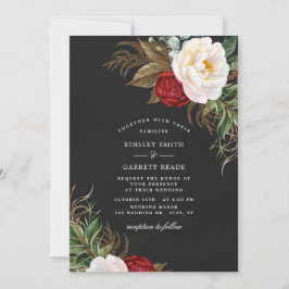 Convites Casamento Preto Floral de Peões Vermelhos