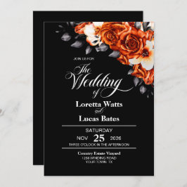 Convites Casamento Preto Floral De Rosa Laranja Queimado