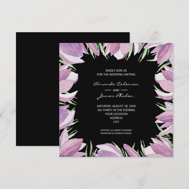 Convites Casamento Preto Floral de Watercolor (Frente/Verso)