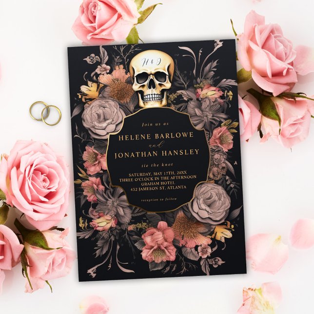 Convites Casamento Preto Floral do Crânio Gótico (Gothic Skull Floral Black Wedding Invitation)