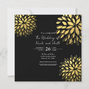 Convites Casamento Preto Floral Dourado Moderno Elegante