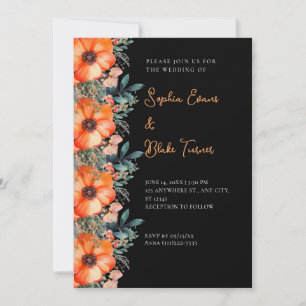 Convites Casamento Preto Floral e Verdejante Laranja Elegan