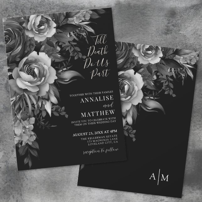 Convites Casamento Preto Floral Gótico (Gothic Floral Black Wedding Invitation)
