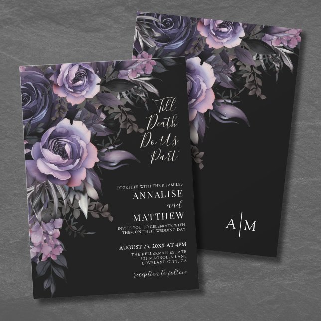 Convites Casamento Preto Floral Gótico Moderno (Modern Gothic Floral Black Wedding Invitation)