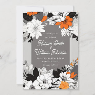 Convites Casamento preto floral moderno, branco, laranja