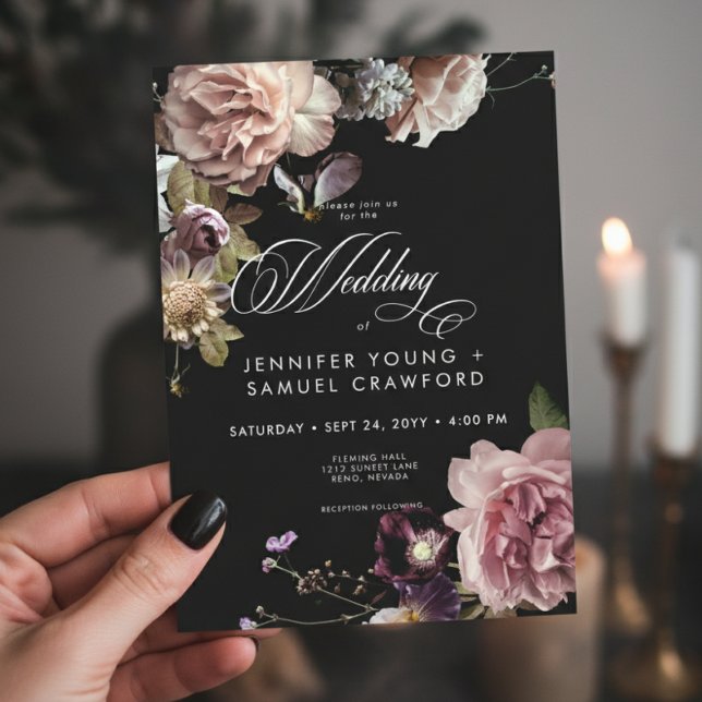 Convites Casamento Preto Floral Opulente de Pastel Moody Da (Criador carregado)