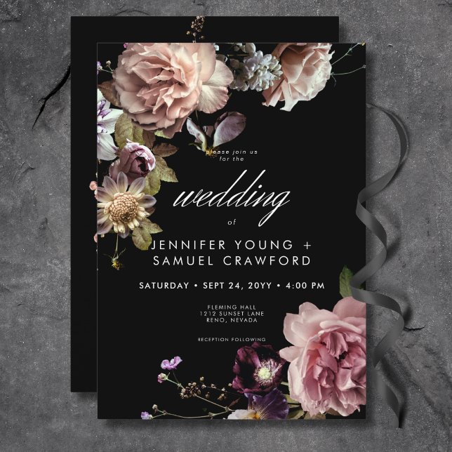 Convites Casamento Preto Floral Opulente de Pastel Moody Da (Dark Moody Pastel Opulent Floral Black Wedding Invitation)