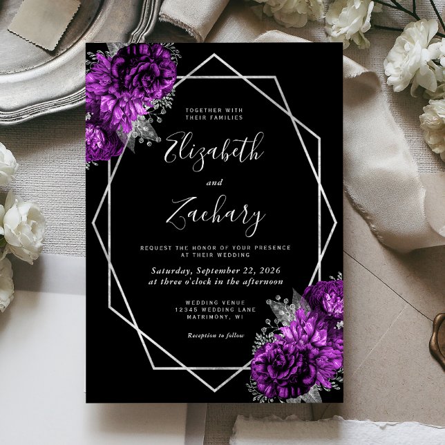 Convites Casamento Preto Floral Prata Ameixa Roxa (Criador carregado)