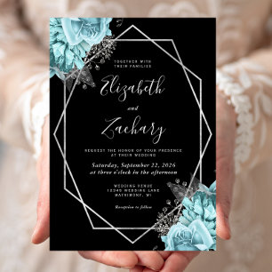 Convites Casamento Preto Floral Prata Azul Aqua