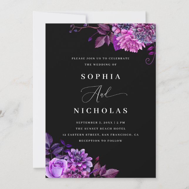 Convites Casamento Preto Floral Roxo | Código de Foto e QR (Frente)