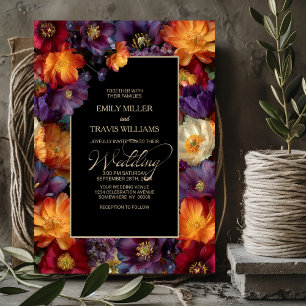 Convites Casamento Preto Floral Roxo e Laranja