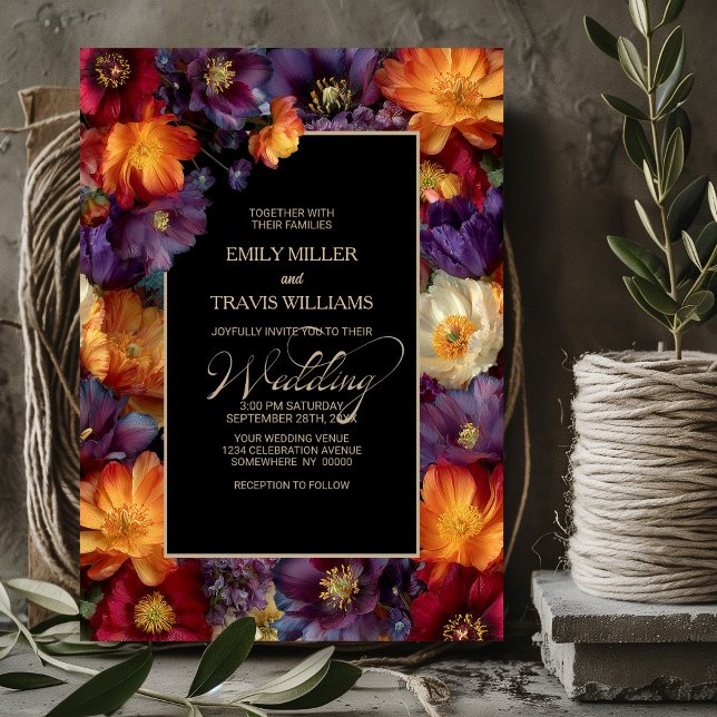 Convites Casamento Preto Floral Roxo e Laranja (Criador carregado)