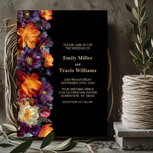 Convites Casamento Preto Floral Roxo e Laranja Moderno
