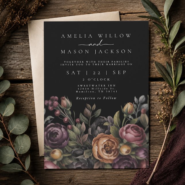 Convites Casamento Preto Floral Sombrio e Temperamental (Dark Moody Floral Black Wedding Invitation)