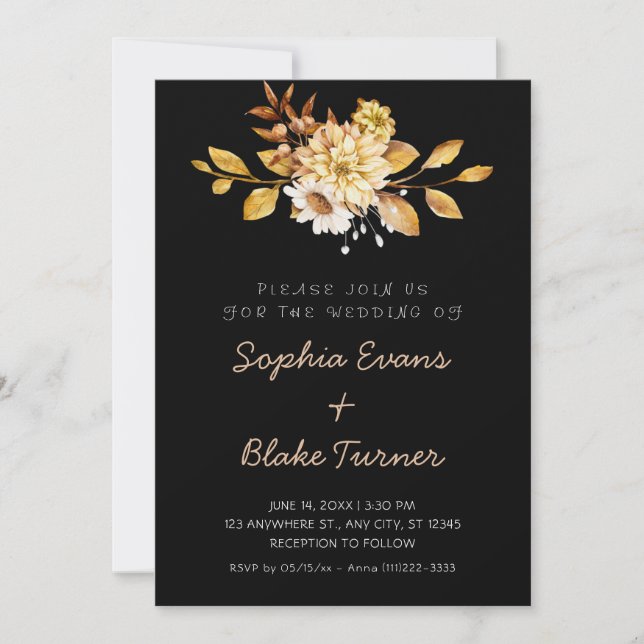 Convites Casamento Preto Floral Suave Rústico Antigo (Frente)