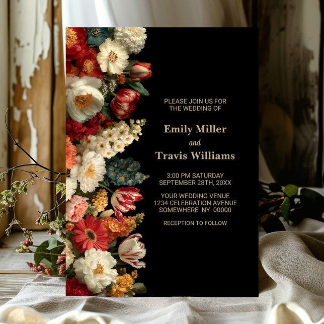 Convites Casamento Preto Floral Vibrante e Temperamental (Criador carregado)