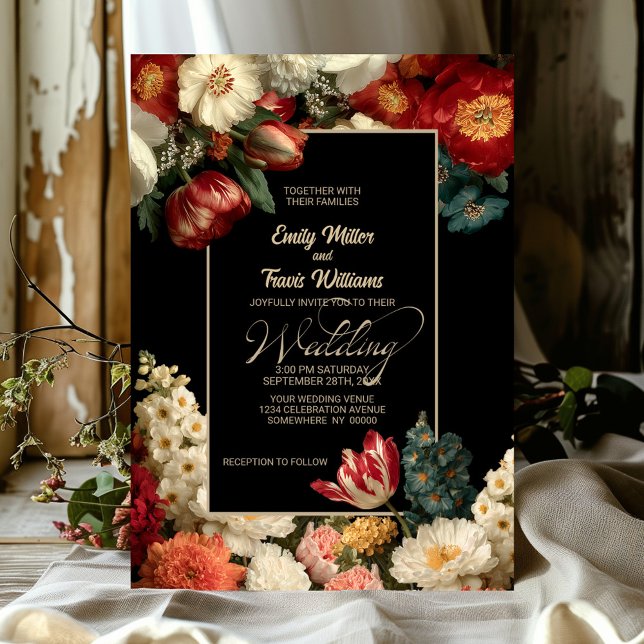 Convites Casamento Preto Floral Vibrante e Temperamental (Criador carregado)