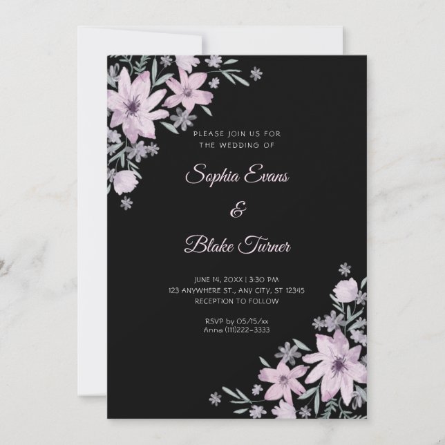 Convites Casamento Preto Flores Florais Roxas Românticas (Frente)