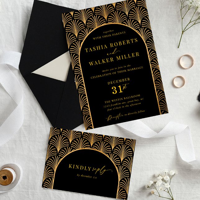 Convites Casamento Preto Formal Com Arte Dourada Deco Negra (Black and Gold Formal Black Tie Wedding Invitation)