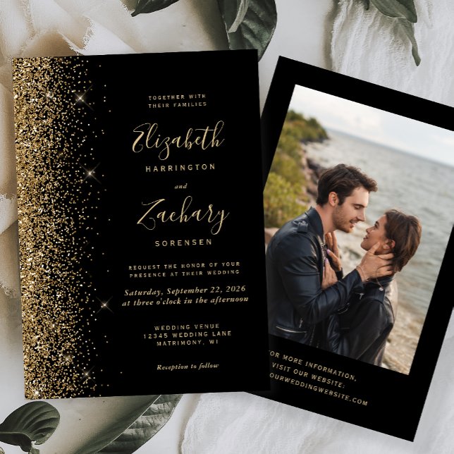 Convites Casamento Preto Foto Brilho Dourado Moderno (Criador carregado)