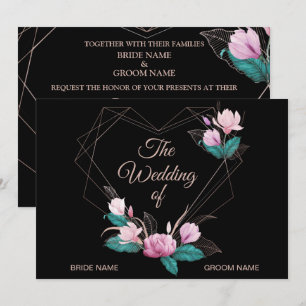 Convites Casamento Preto Geométrico Dourado Floral Rosa Ele