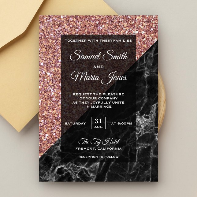 Convites Casamento Preto Mármore Brilho Dourado Rosa Falso  (Criador carregado)