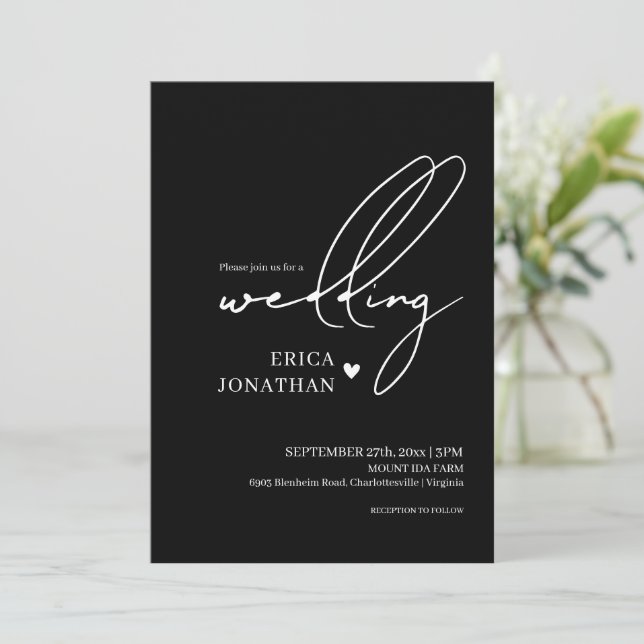 Convites Casamento Preto Moderno Com Letras Brancas (Em pé/Frente)