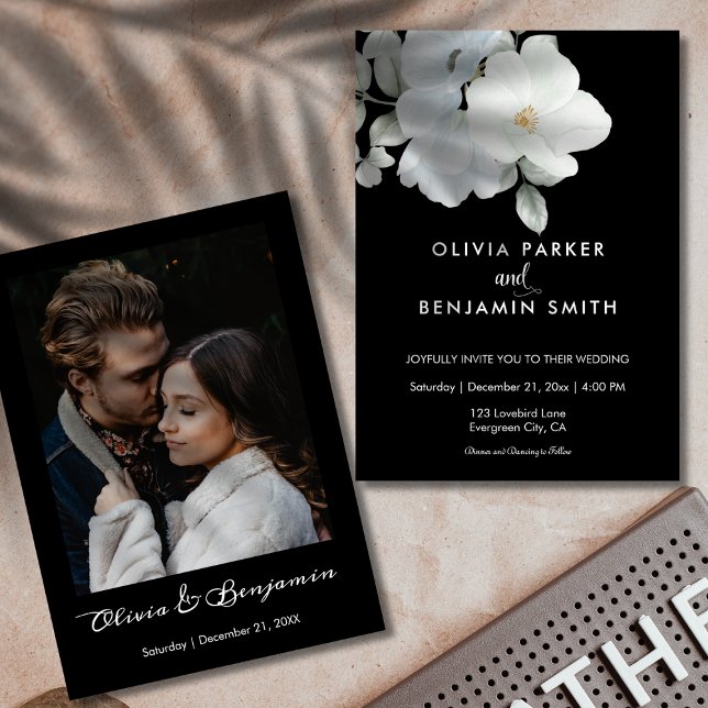 Convites Casamento Preto Moderno de Foto Floral Branco Eleg (White Elegant Floral Photo Modern Black Wedding Invitation)