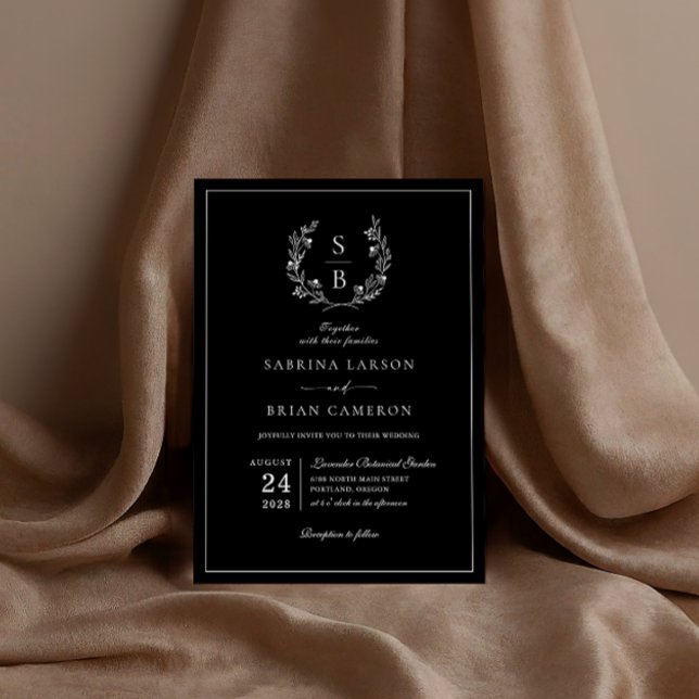 Convites Casamento Preto Monograma Botânico Elegante (Criador carregado)