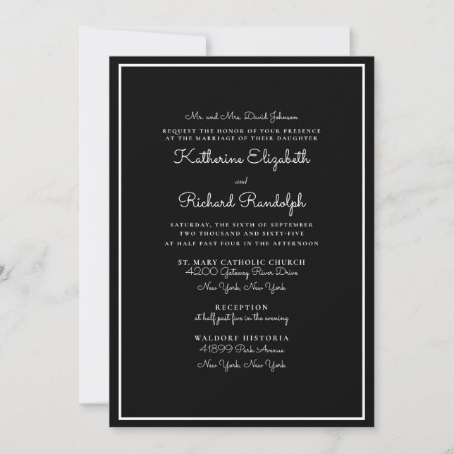 Convites Casamento Preto Pais Formal & Elegante (Frente)