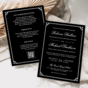 Convites Casamento Preto QR Code Minimalista Tudo em Um