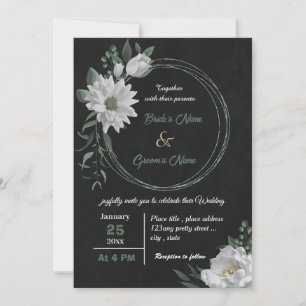 Convites casamento preto romântico de flores brancas