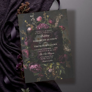 Convites Casamento Preto Romântico Sombrio Floral Borgonha