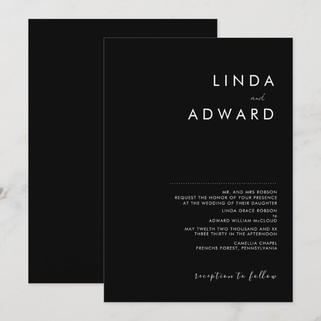 Convites Casamento Preto Tradicional Minimalista Moderno (Frente/Verso)