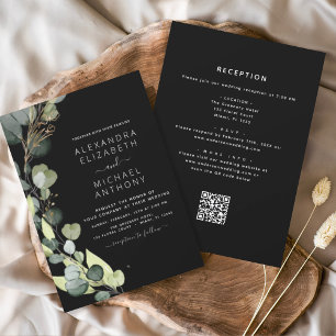 Convites Casamento Preto Tudo em Um Código Eucalyptus QR