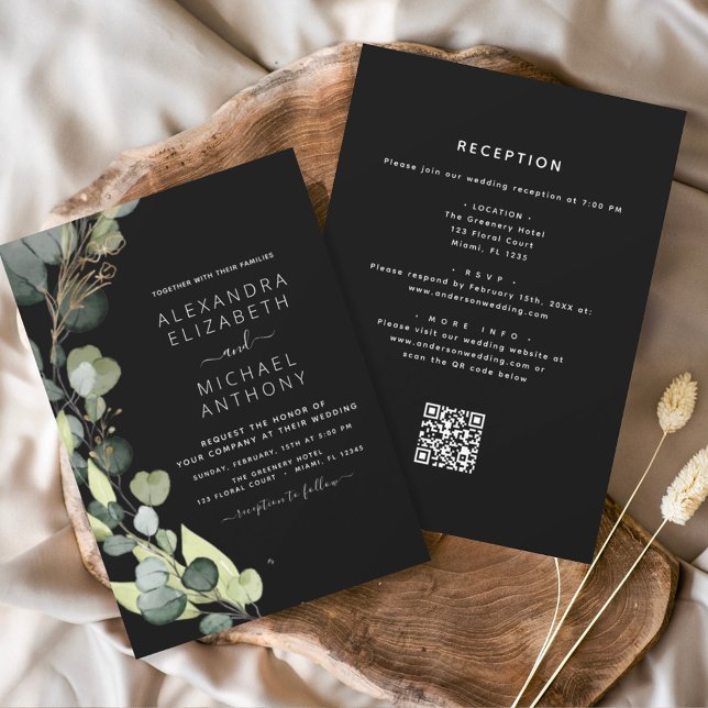 Convites Casamento Preto Tudo em Um Código Eucalyptus QR (Criador carregado)