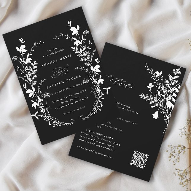Convites Casamento Preto Tudo Em Uma Flor Selvagem (Front & Back)