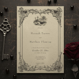 Convites Casamento Preto Vintage Gótico Toile Caveira Bege