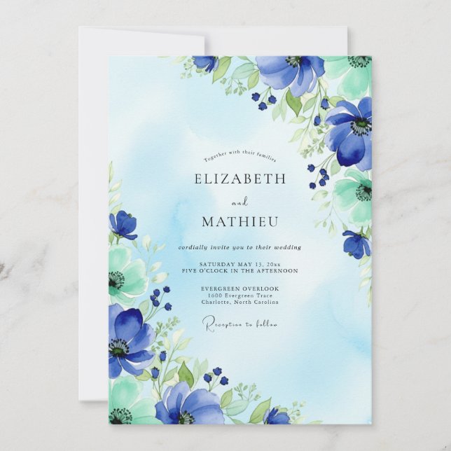 Convites Casamento Primavera Aguarela Azul Menta (Frente)