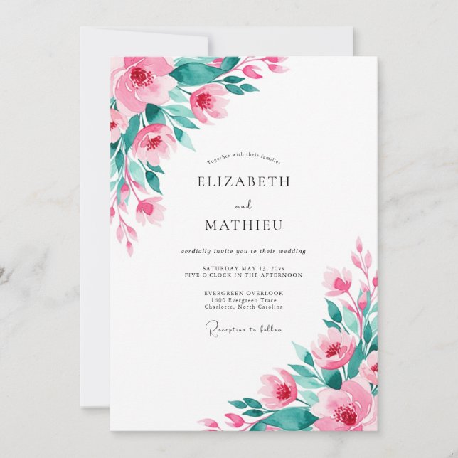 Convites Casamento Primavera Atmosférico Rosa Turquesa (Frente)