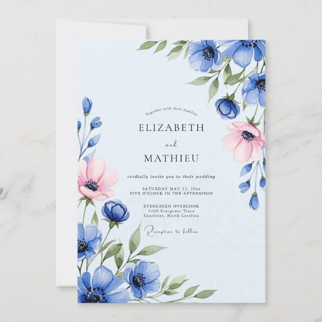 Convites Casamento Primavera Azul Azure Polido (Frente)