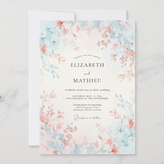 Convites Casamento Primavera Azul Céu Pêssego (Frente)