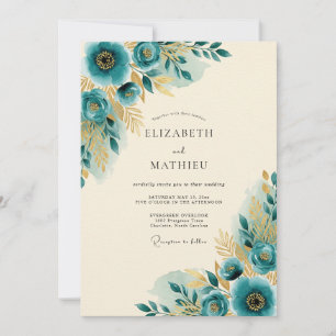 Convites Casamento Primavera Dourado Turquesa