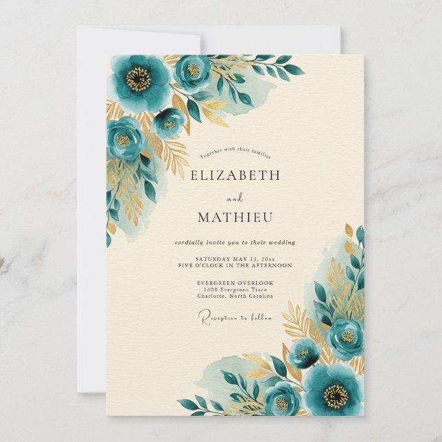 Convites Casamento Primavera Dourado Turquesa (Frente)