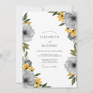 Convites Casamento Primavera Floral Amarelo Cinza